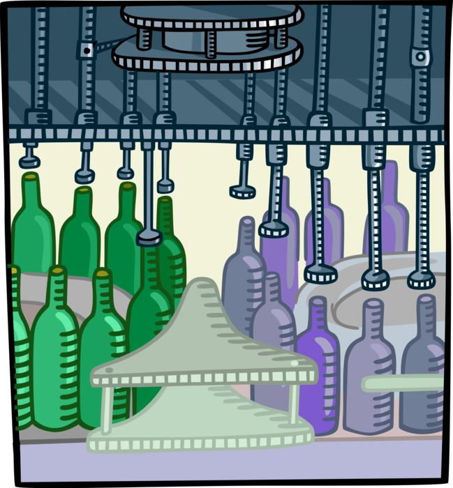 Vector Illustration of Industrial Factory Manufacturing Process Assembly Line Bottles Receive Liquid Product