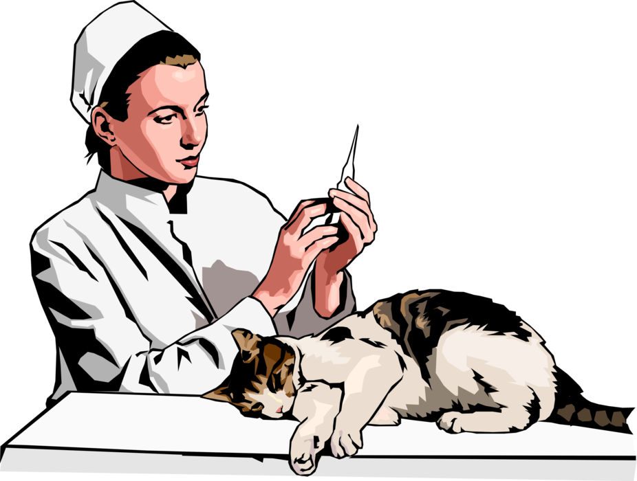 Vector Illustration of Veterinary Physician Preparing Hypodermic Needle Injection Sedative for Cat