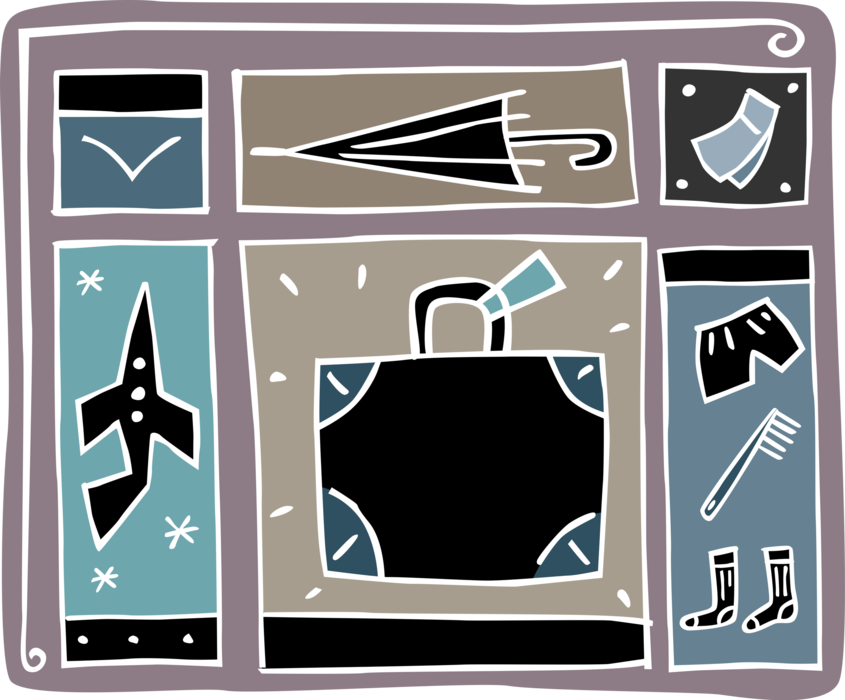 Vector Illustration of Travel Suitcase Luggage with Airplane, Umbrella and Personal Baggage Items