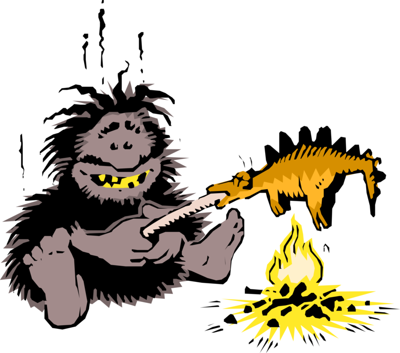 Vector Illustration of Prehistoric Neanderthal Stone Age Caveman Cooking Dinosaur Dinner