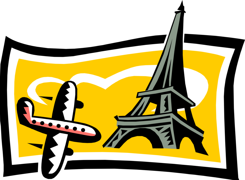 Vector Illustration of European Tourism and Sightseeing with Eiffel Tower in Paris and Commercial Jet