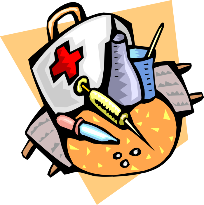 Vector Illustration of Health Care Items in Medical Doctor's Medical First Aid Bag