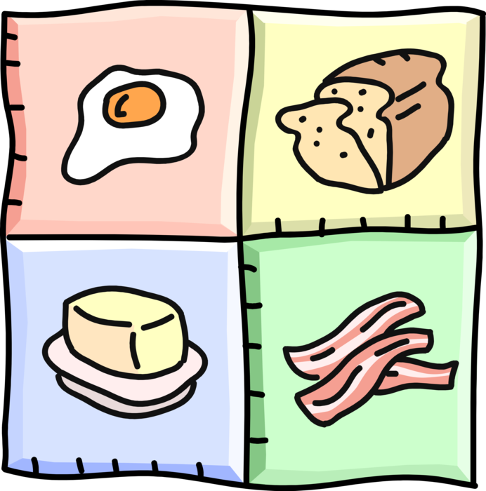 Vector Illustration of Balanced, Healthy Nutrional Breakfast with Egg, Bread, Butter and Bacon