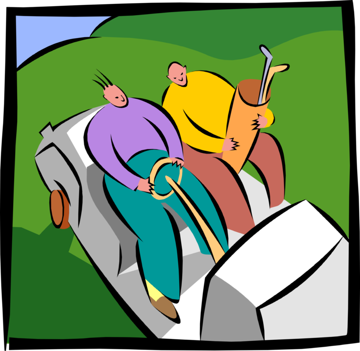 Vector Illustration of Golfers Ride Golf Cart During Game of Golf