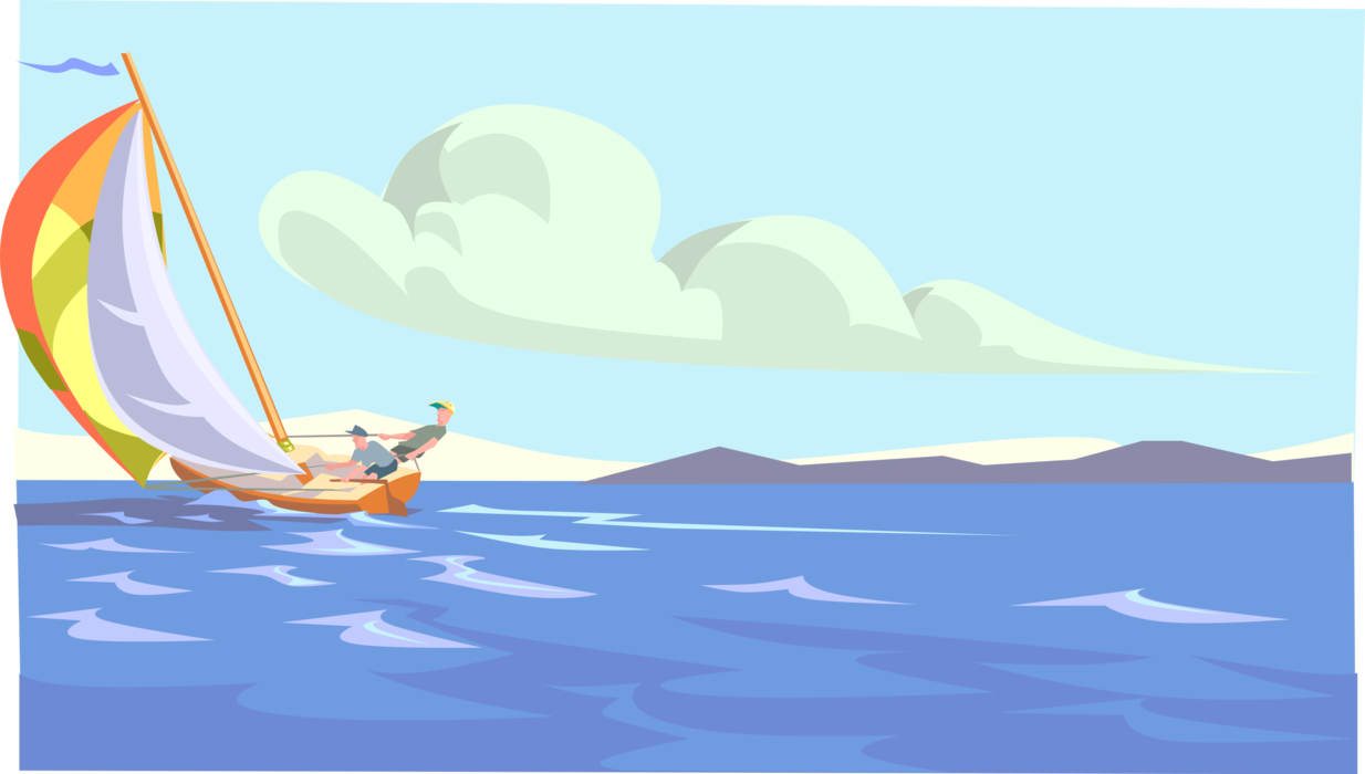 Vector Illustration of Sailing Sailboat on Ocean on Beautiful Summer Day