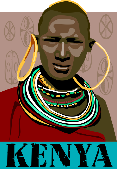 Vector Illustration of Kenya African Postcard Design with Tribal Woman