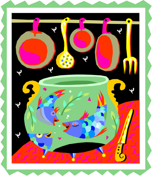 Vector Illustration of Cooking Caldron Pot with Kitchen Tools and Utensils