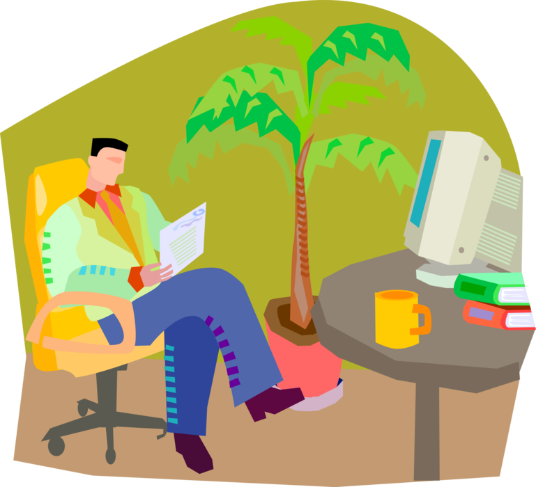 Vector Illustration of Businessman Reads Business Document While Reflecting on Work