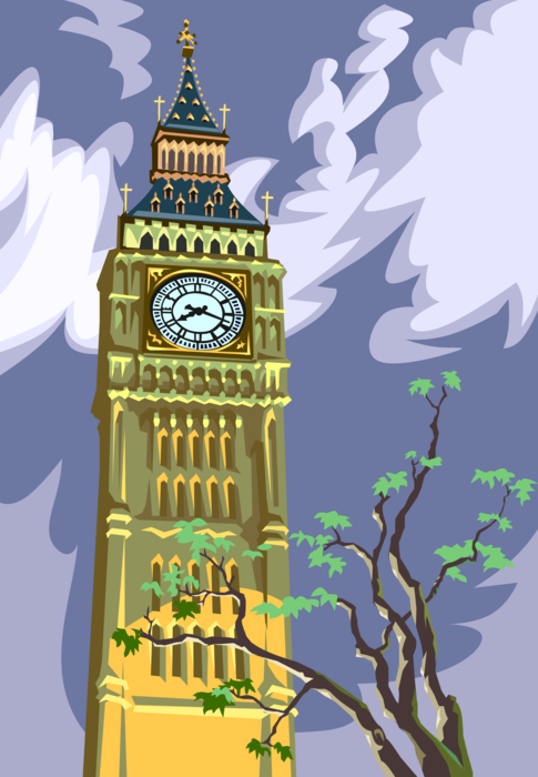 Vector Illustration of Big Ben Clock Tower Tourism Landmark Beside Palace of Westminster British House of Parliament in London 