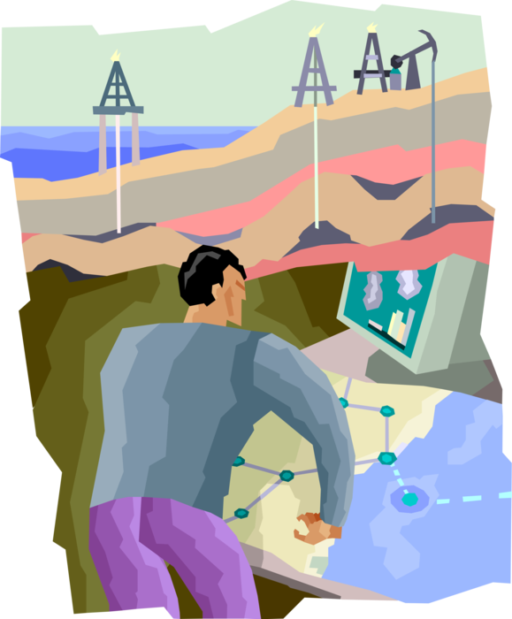 Vector Illustration of Oil Derricks and Pumpjack Reciprocating Piston Pump Wells Being Monitored