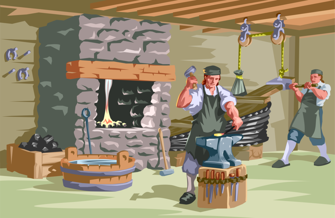 Vector Illustration of Colonial Blacksmith Metalsmith with Wrought Iron Tools Forge and Bellows