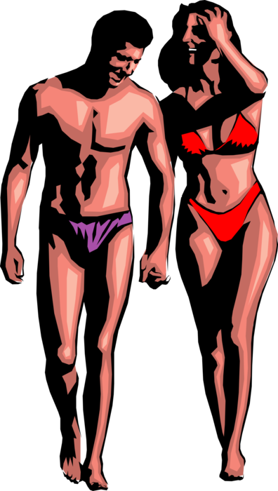 Vector Illustration of Holiday Vacation Couple on Beach in Bathing Suits