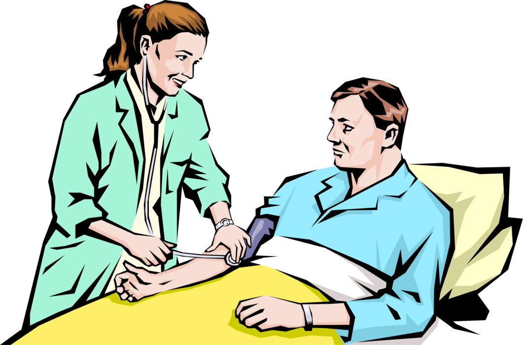Vector Illustration of Health Care Nurse Checking Man's Blood Pressure with Stethoscope and Cuff