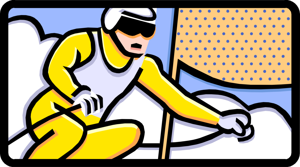 Vector Illustration of Downhill Alpine Skiing Slalom Ski Racer Races Down Hill and Avoids Gates