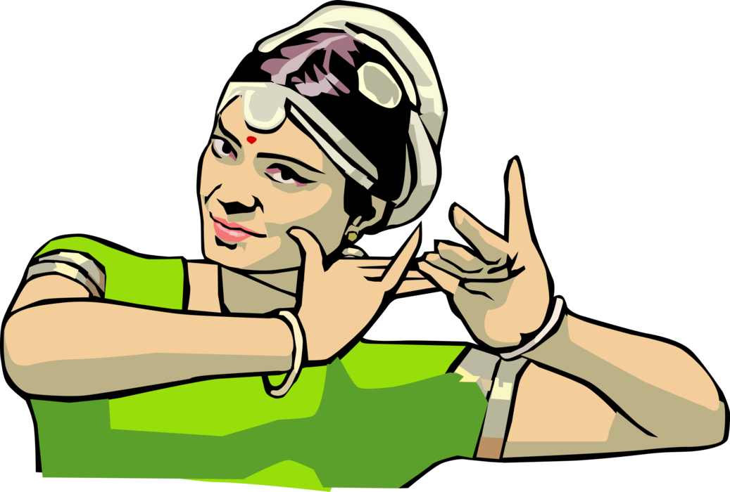 Vector Illustration of Indian Woman Performs Traditional Bharata Natyam Temple Dance