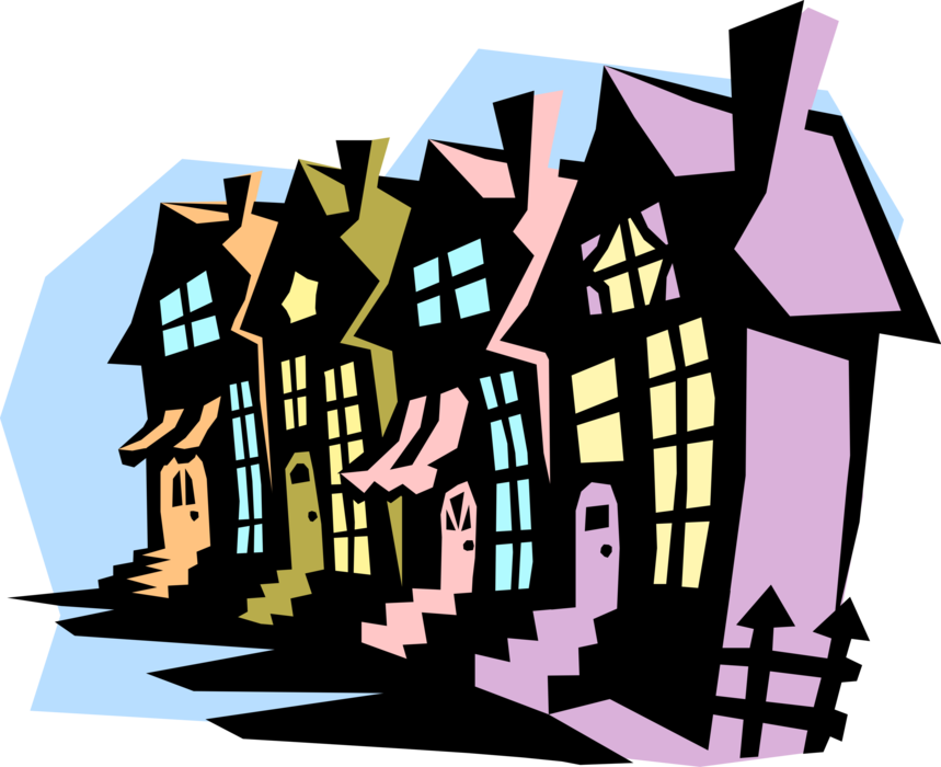 Vector Illustration of Houses at Night on Street