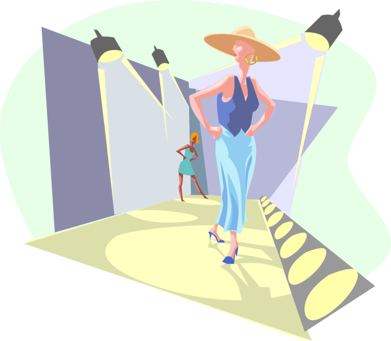 Vector Illustration of Fashion Runway with Model Under Spotlights