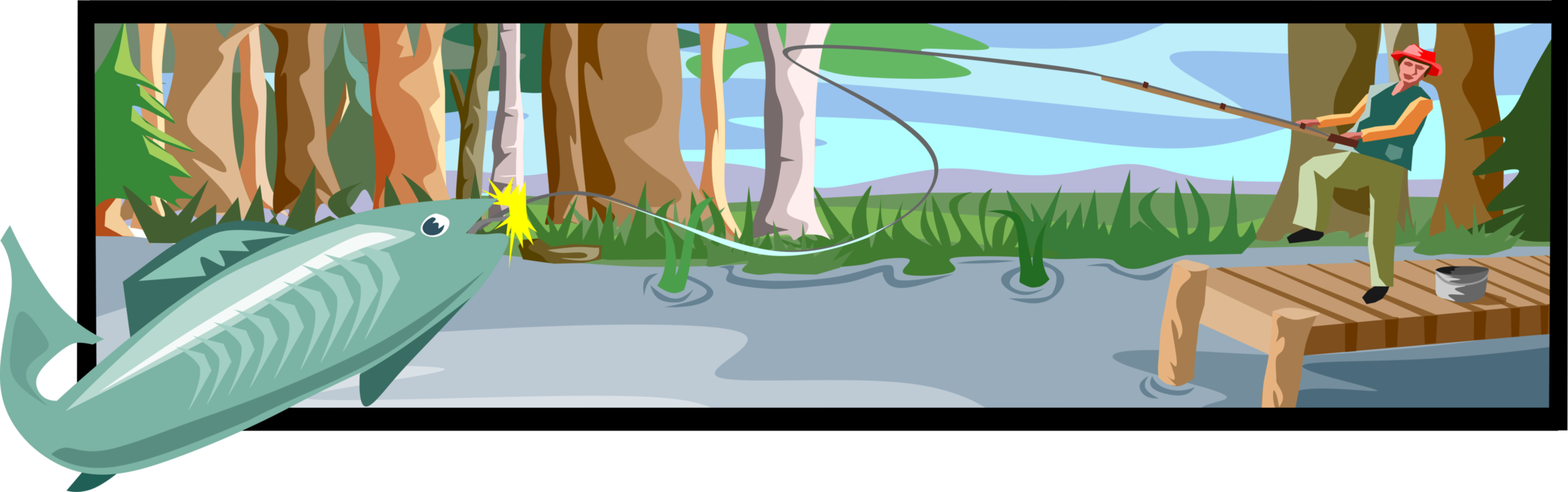 Vector Illustration of Sport Fisherman Angler Fishing From Dock on Lake Catches Fish