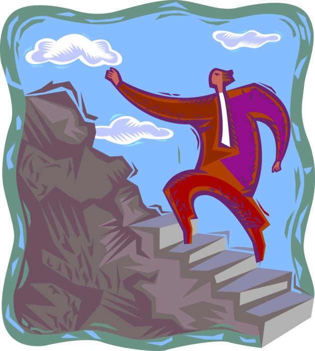 Vector Illustration of Businessman Climbing Stone Stair Steps to the Top