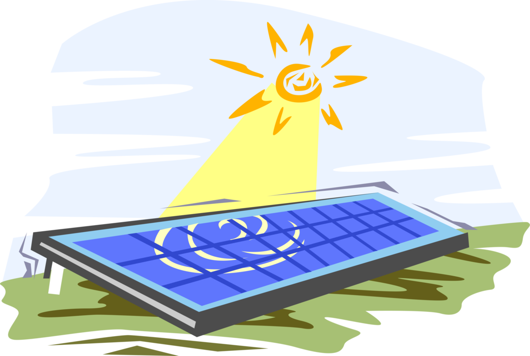 Vector Illustration of Renewable Energy Solar Photovoltaic Panels with Sun