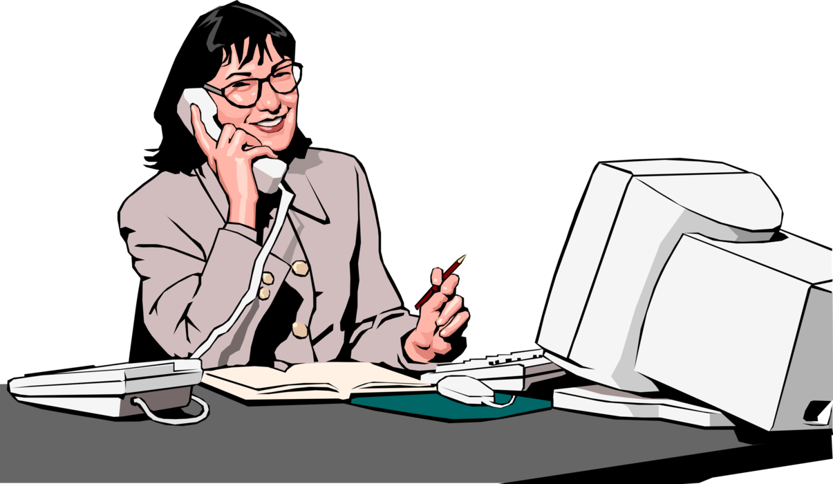 Vector Illustration of Woman in the Workplace Has Telephone Conversation While Working