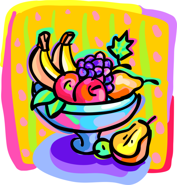 Vector Illustration of Bowl of Fruit with Apples, Bananas, Pears and Grapes