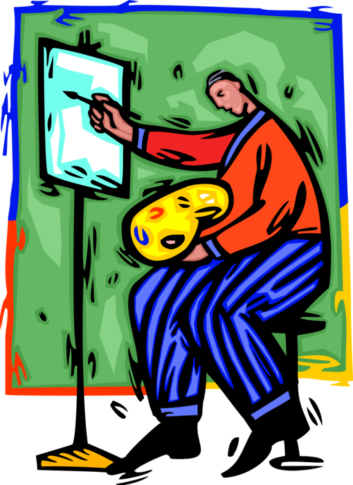Vector Illustration of Visual Arts Artist at Easel Paints Picture on Canvas