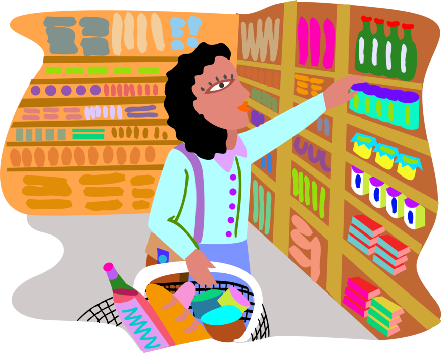 Vector Illustration of Woman Shopping in Grocery Store Supermarket