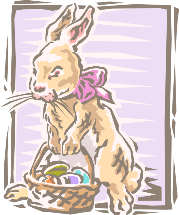 Vector Illustration of Pascha Easter Bunny Rabbit with Basket of Colored Eggs