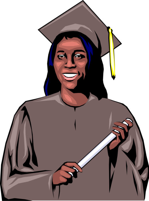 Vector Illustration of Female Graduate in Mortarboard Cap and Gown Receives Diploma