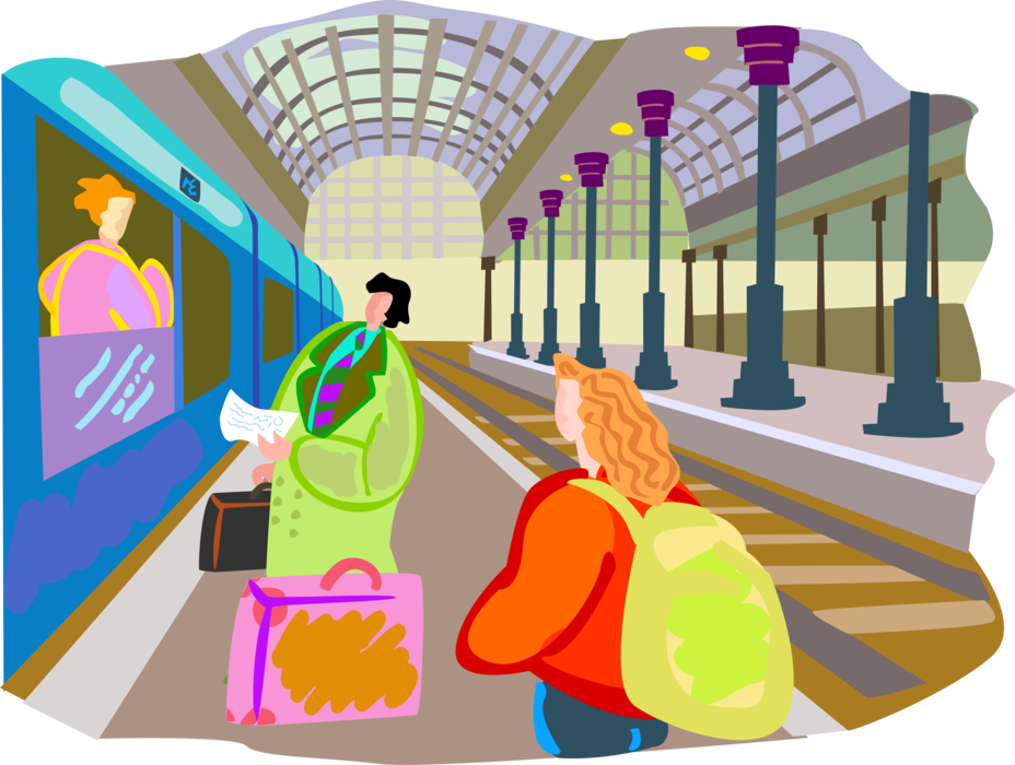 Vector Illustration of Tourists on Vacation Catching Railway Locomotive Train in City Center Station