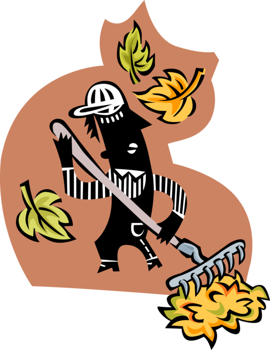 Vector Illustration of Autumn Fall Leaves Falling with Lawn care Yard Worker Raking