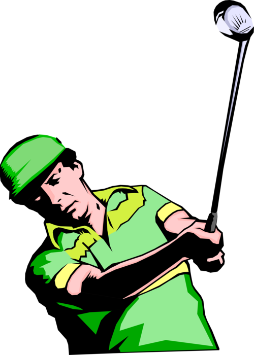 Vector Illustration of Sport of Golf Golfer with Driver Swings and Hits Golf Ball