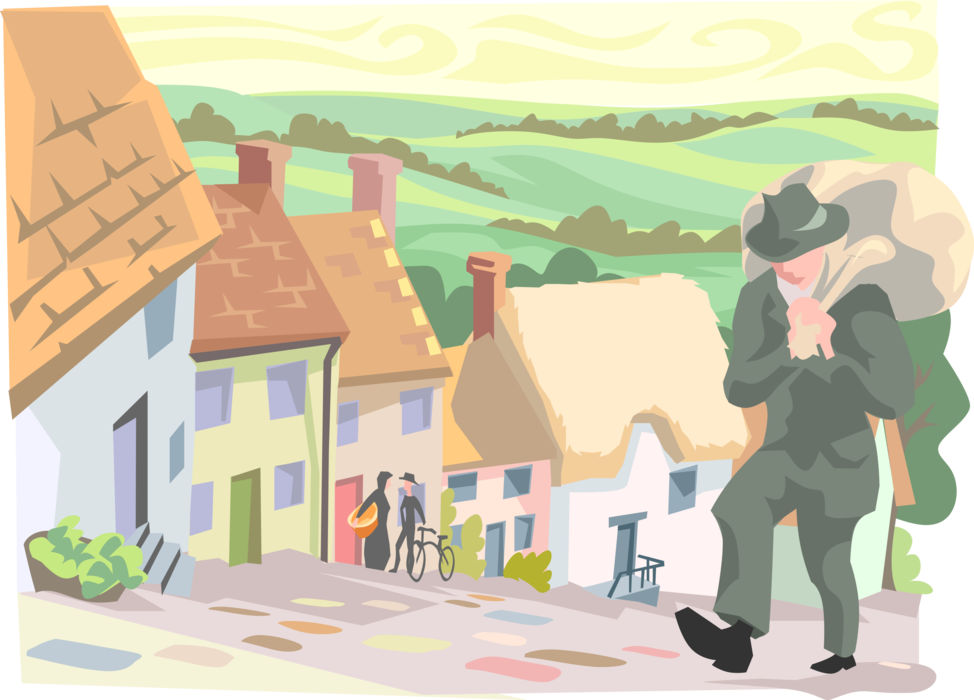 Vector Illustration of Cobblestone Road with Village and Walking Traveler