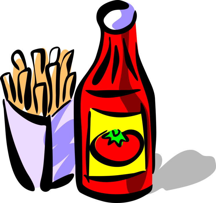 Vector Illustration of Ketchup Bottle Condiment of Puréed Tomatoes, Onions, Vinegar with French Fries