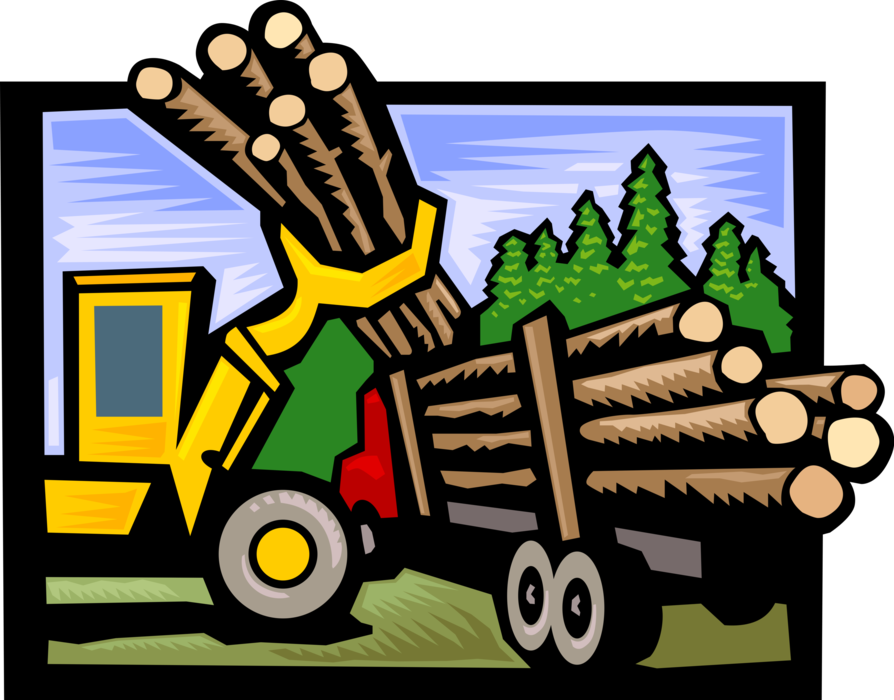 Vector Illustration of Forestry Industry Freshly Cut Tree Logs Loading onto Truck for Shipping