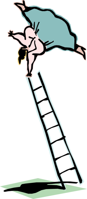Vector Illustration of Businesswoman Balances Upside Down on Top of Ladder for Climbing and Reaching 