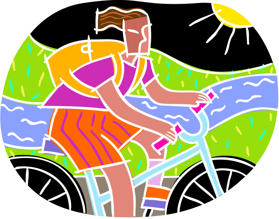 Vector Illustration of Cycling Enthusiast Riding Bicycle Along River