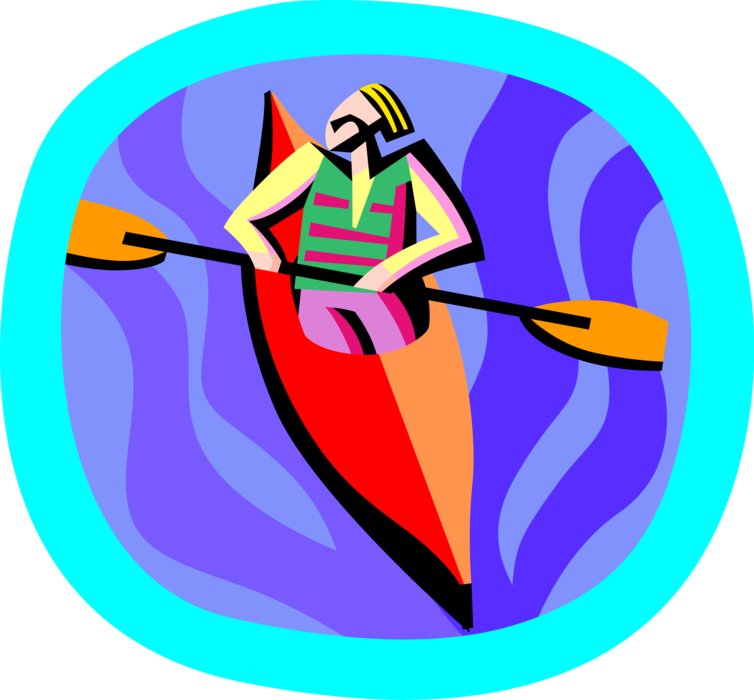 Vector Illustration of Kayaker Kayaking Rapids in Kayak Watercraft with Oar