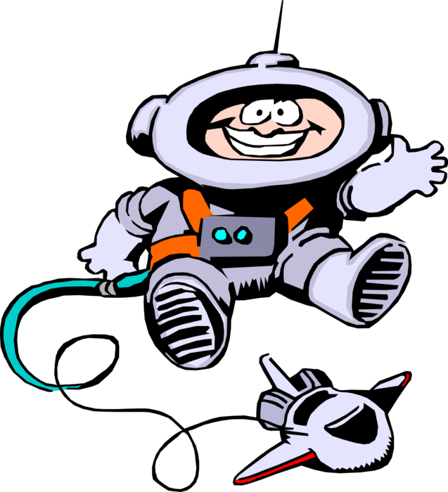 Vector Illustration of Spaceman Goes for Spacewalk Tethered to Space Shuttle