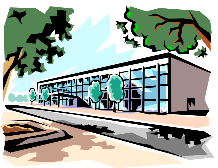 Vector Illustration of Urban Office Building with Trees