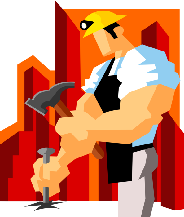Vector Illustration of Powerful Miner with Jacked Biceps and Forearms Chiseling with Hammer
