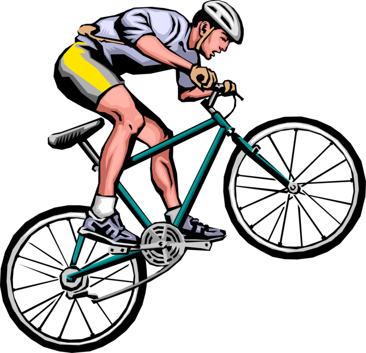 Vector Illustration of Cyclist Jumping on Mountain Bike for Ride in Rough Terrain