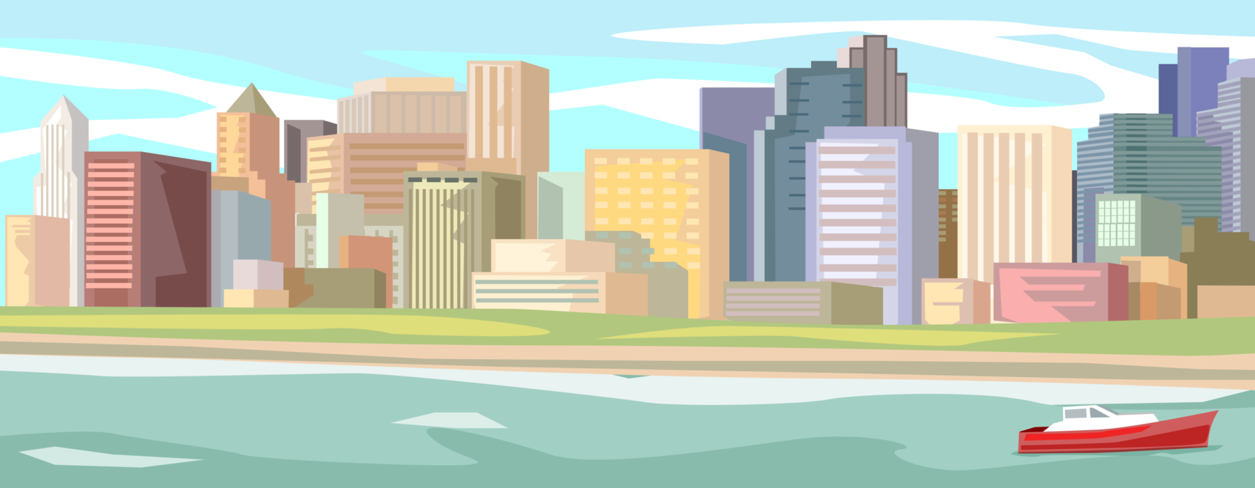 Vector Illustration of Urban Metropolitan Cityscape Skyline with Boat Watercraft on Waterfront Shoreline