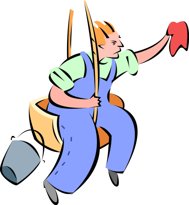 Vector Illustration of Maintenance Worker Window Cleaner Washing Windows