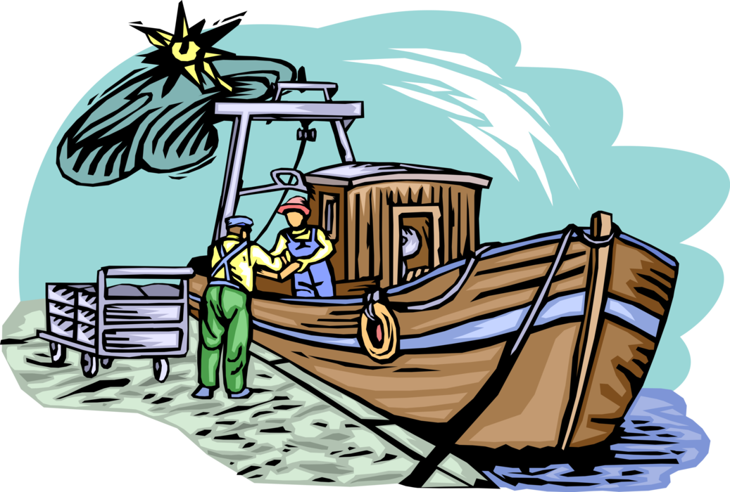 Vector Illustration of Commercial Fishing Trawler Boat Vessel with Fisherman Angler Unloading Day's Catch of Fish