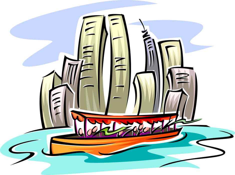 Vector Illustration of Urban Metropolitan City Tourist Boat Cruise with Skyscrapers in Background