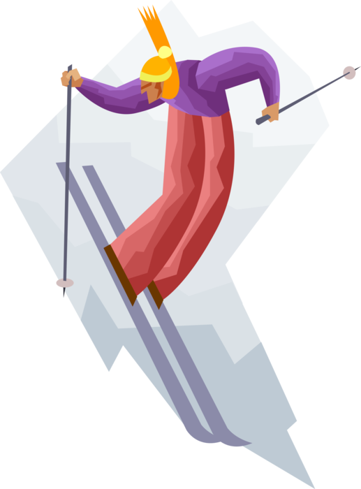 Vector Illustration of Downhill Alpine Skiing Slalom Skier Skis Down Steep Mountain Terrain