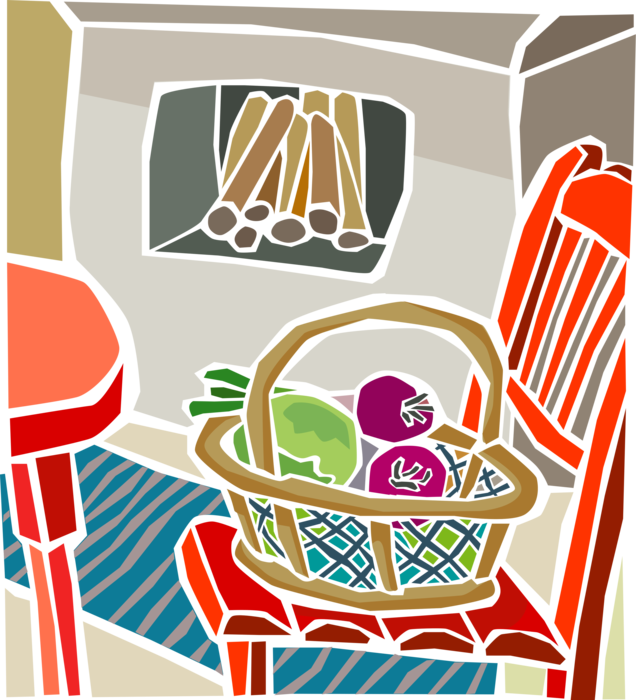 Vector Illustration of Wicker Basket of Fruit on Chair with Fireplace Hearth