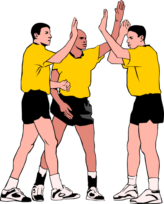 Vector Illustration of Sport of Soccer Football Players Celebrating Goal with High-Fives